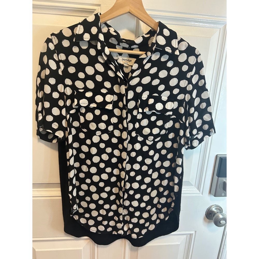 Porridge‎ Top Black White Polka Dot Short Sleeve Button Front Mixed Media Blouse